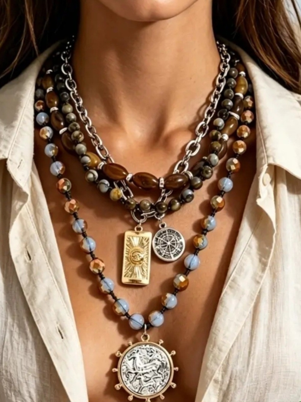 Layered Brown and Blue Beaded Pendant 4 Strand Necklace - Women Jewelry